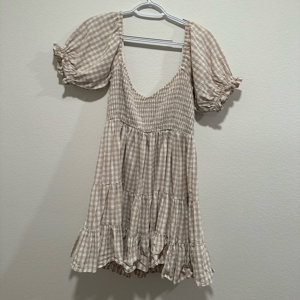Gingham Beige and White Ruffled Mini Dress
